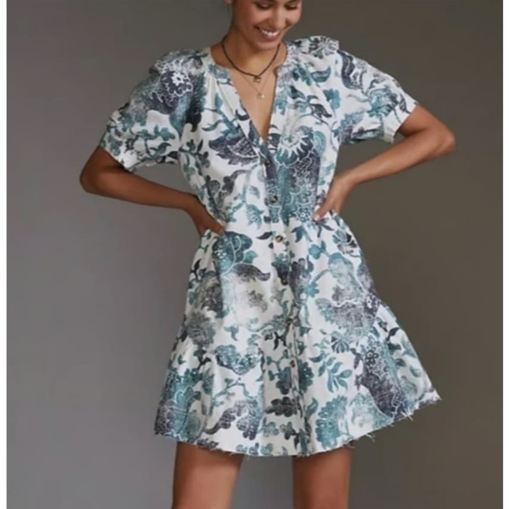 Anthropologie Blue and White Floral Mini Dress